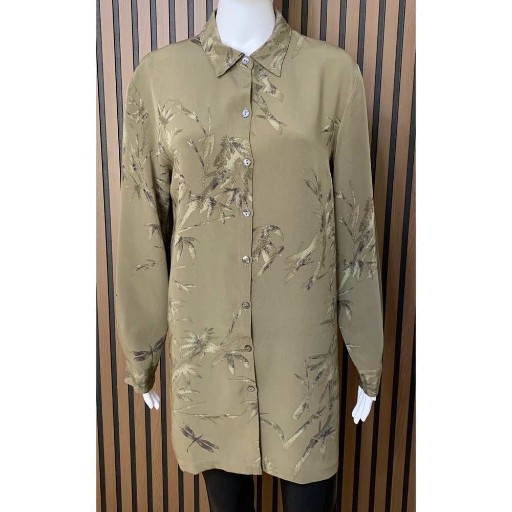 Chicos Design Silk Tunic Shirt Green Bamboo Dragonfly Print Button Down Size 1